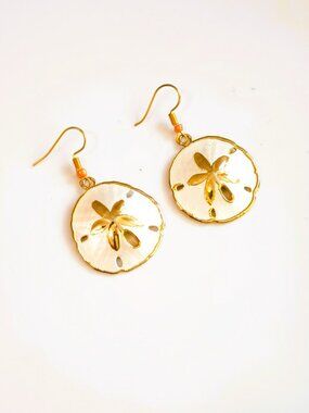 Sand Dollar Drop Hook Earrings Gold Leaf Edging Shell Dangle Jewelry